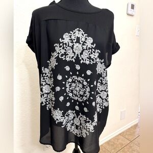 Sheer Black and White Bandana Print Blouse